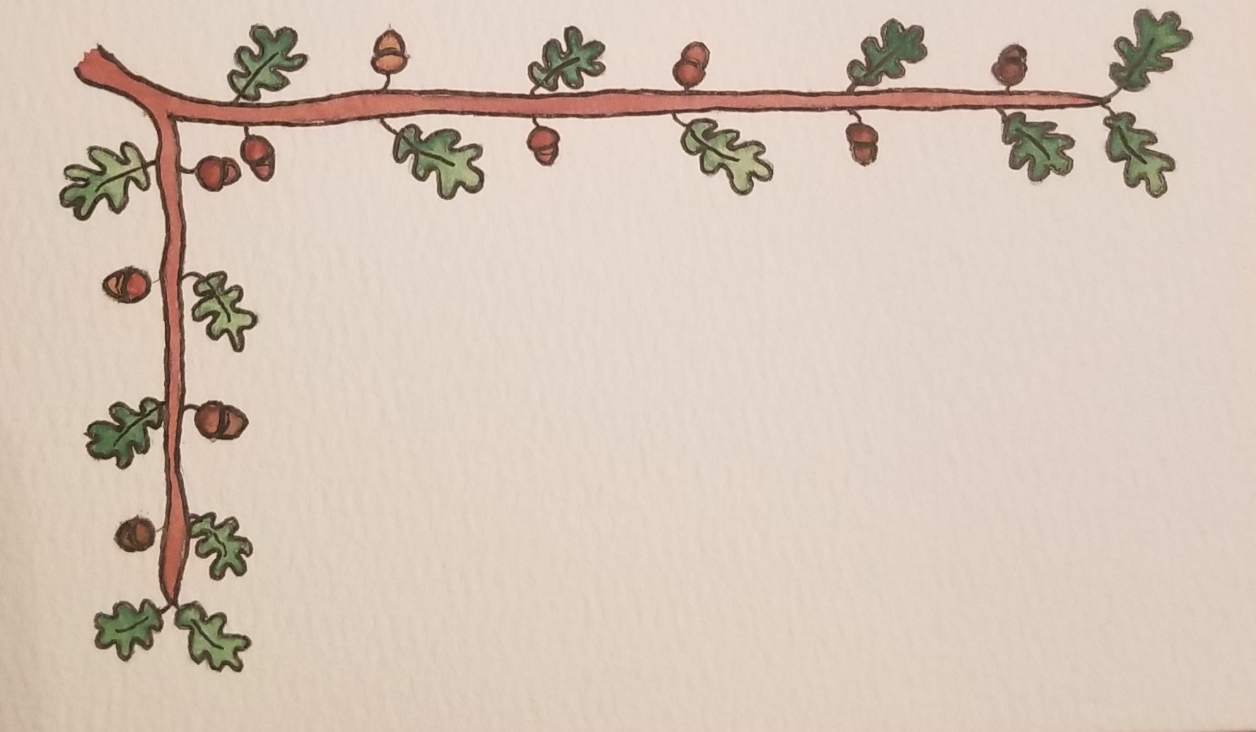 a 3-inch by 5-inch card with a top and left border of a branch with alternating oak leaves and acorns. The main area of the card is left blank.